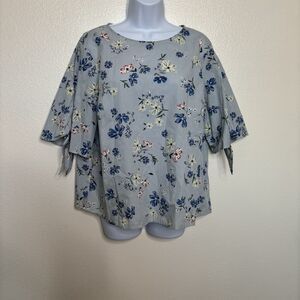 H&M Pinstripe Floral Tie Sleeve Blouse Womens Size 14 100% Cotton Short Sleeve